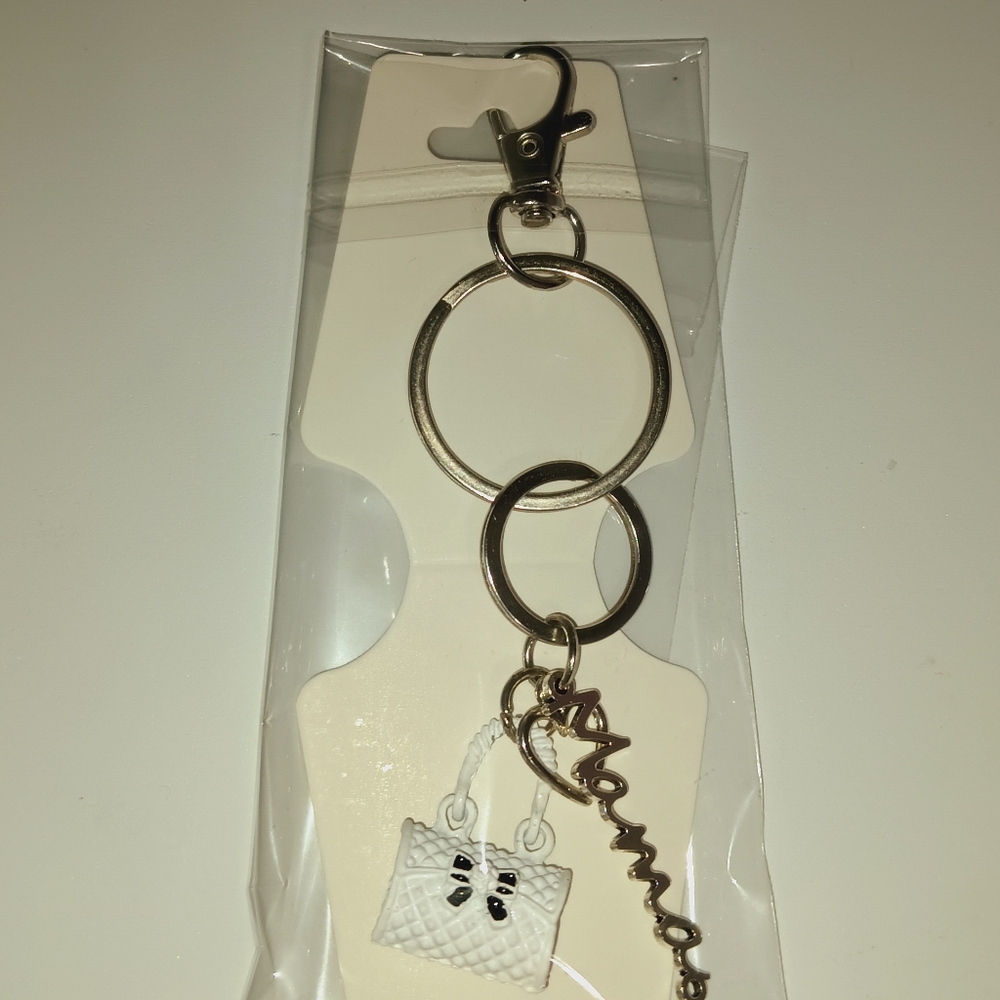 White Quilted Bag Charm Keychain with Gold Script Pendant